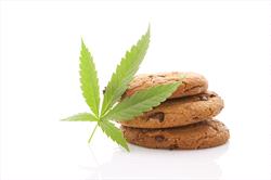 Photo of chocolate chip cookies and a marijuana leaf