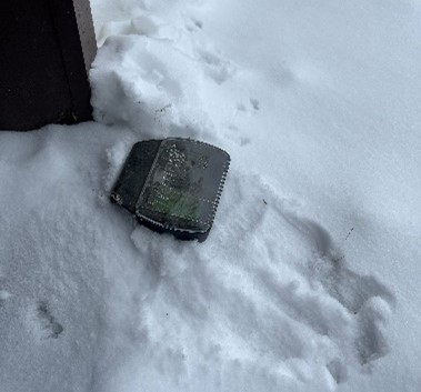 Photo of a chewed-looking rat poison box in snow 
